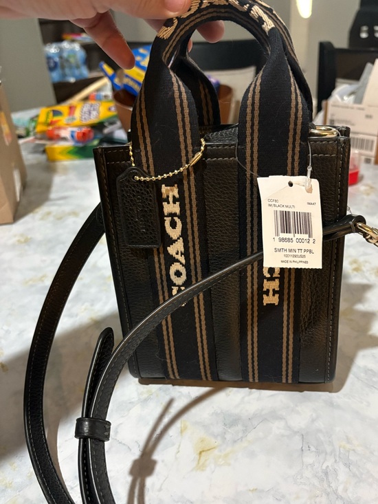 Coach Handbags - Coach Black Mini Tote with Tan-Striped Web Handles